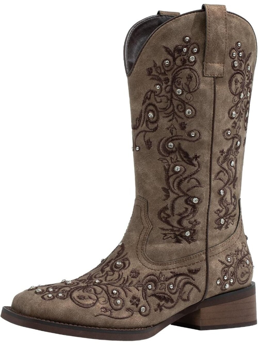 Women’s Brown Rhinestone Cowboy Boots Mid Calf Square Toe Western Cowgirl Boots